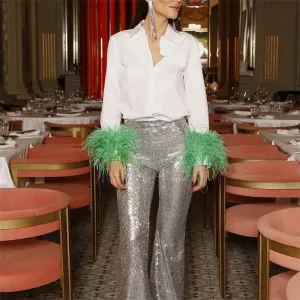 White Shirt With Charming Fur Trim Sleeve