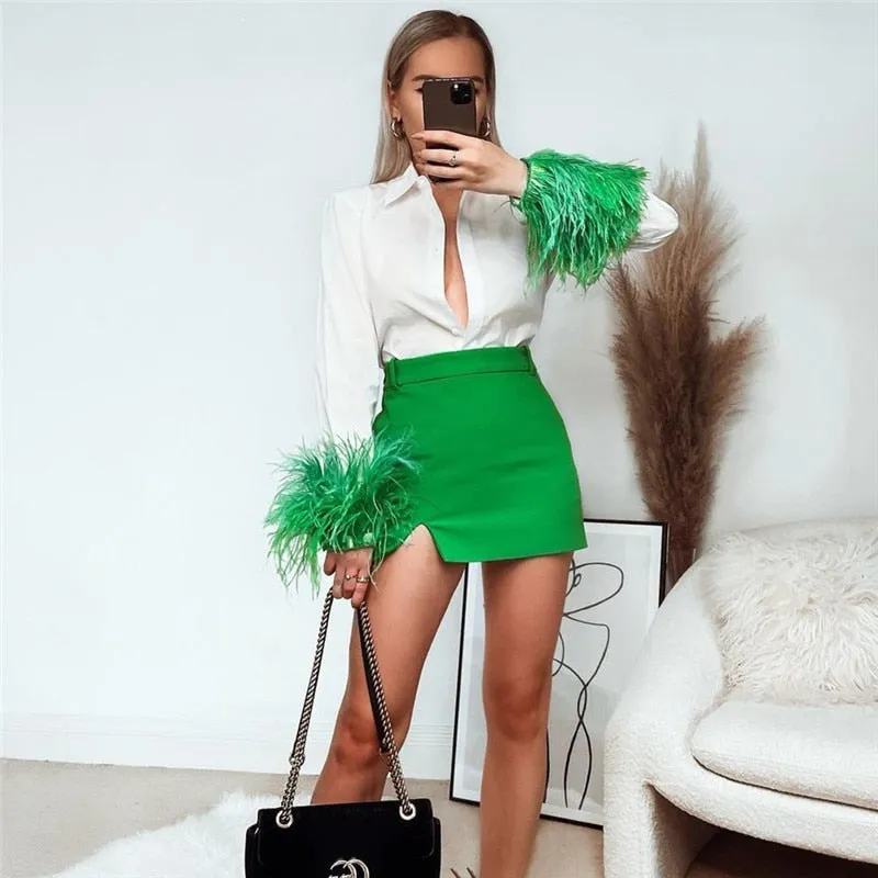 White Shirt With Charming Fur Trim Sleeve