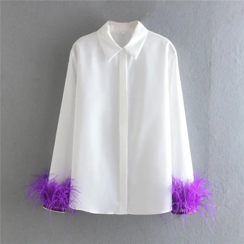 White Shirt With Charming Fur Trim Sleeve
