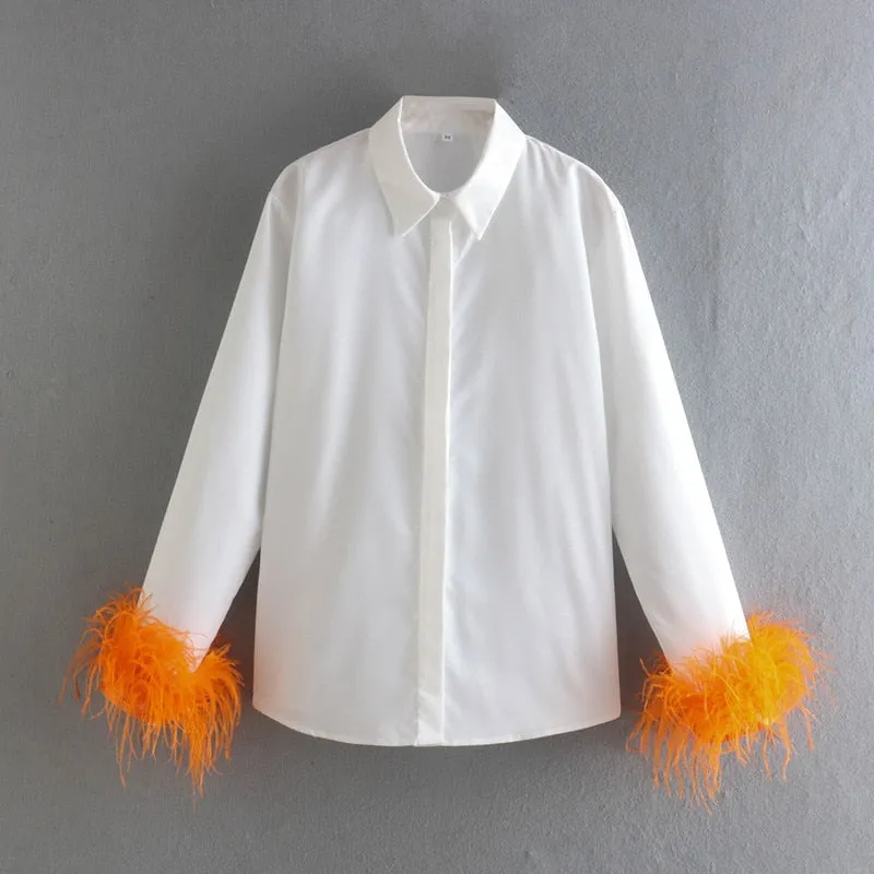 White Shirt With Charming Fur Trim Sleeve