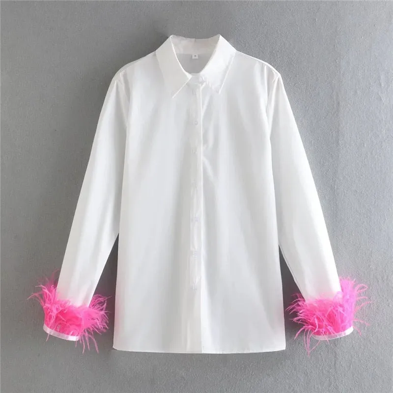 White Shirt With Charming Fur Trim Sleeve