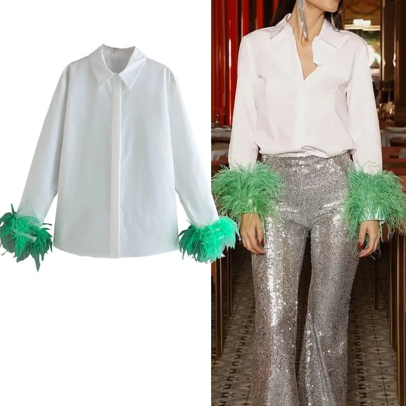 White Shirt With Charming Fur Trim Sleeve
