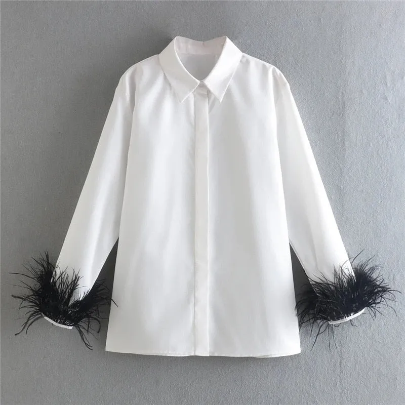 White Shirt With Charming Fur Trim Sleeve