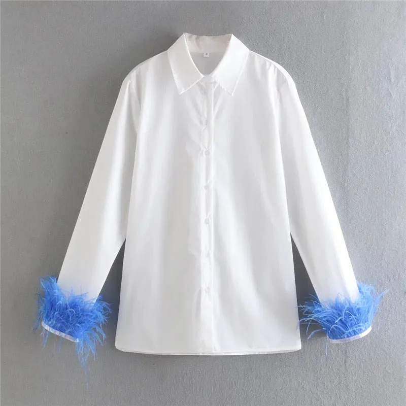 White Shirt With Charming Fur Trim Sleeve