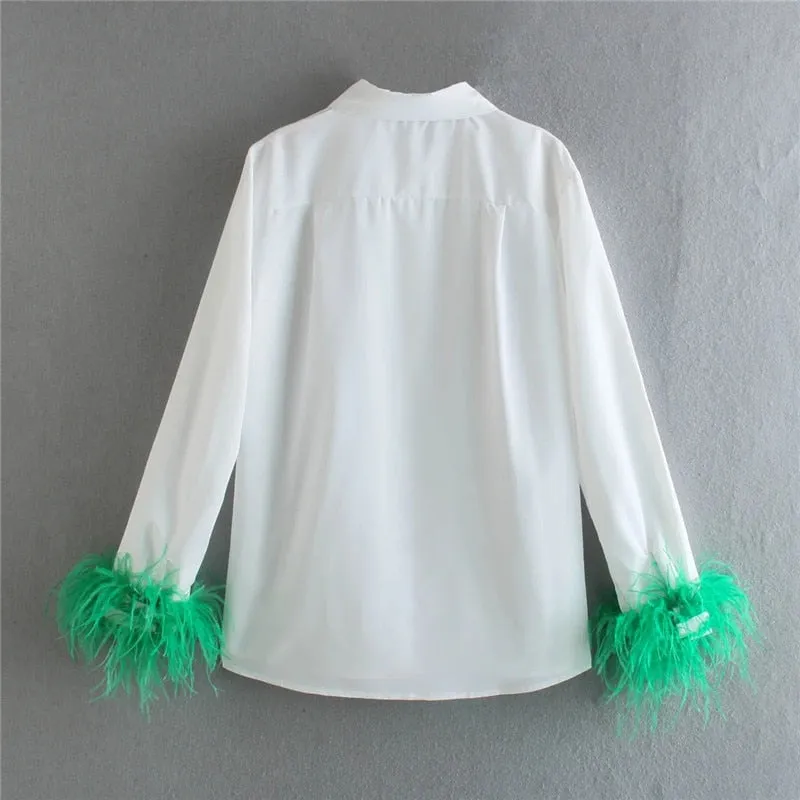 White Shirt With Charming Fur Trim Sleeve