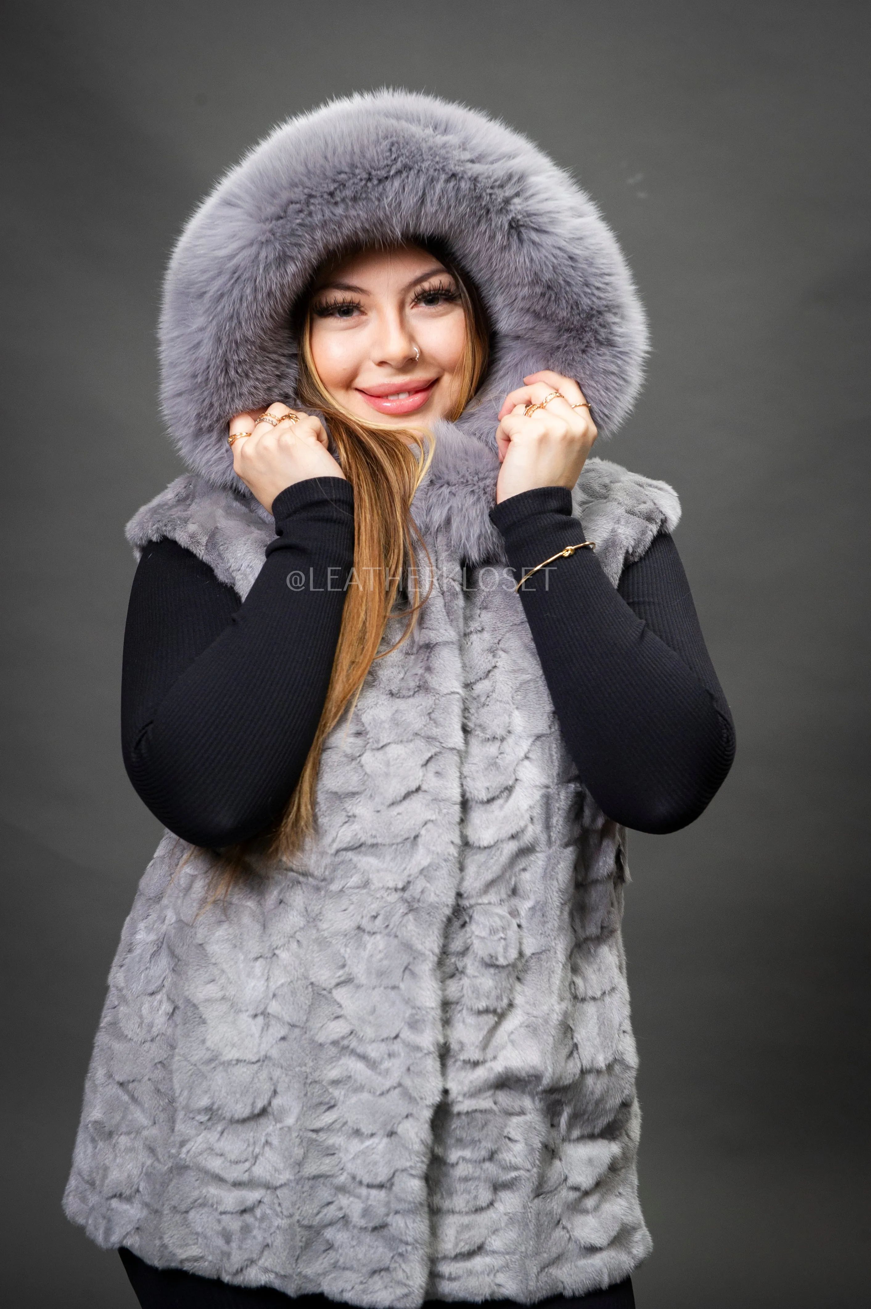 Women's Mink Vest With Hood [Grey]
