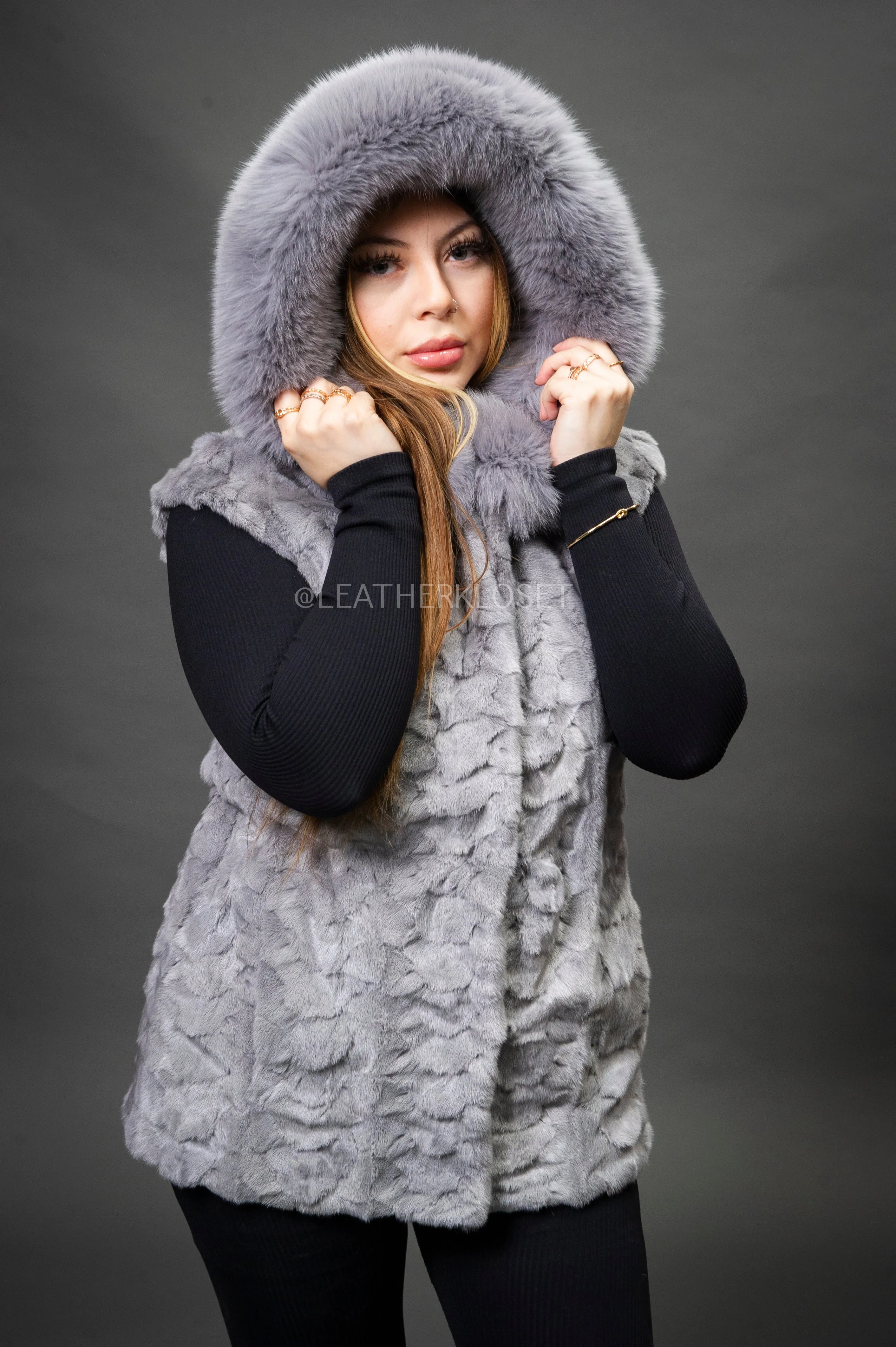 Women's Mink Vest With Hood [Grey]