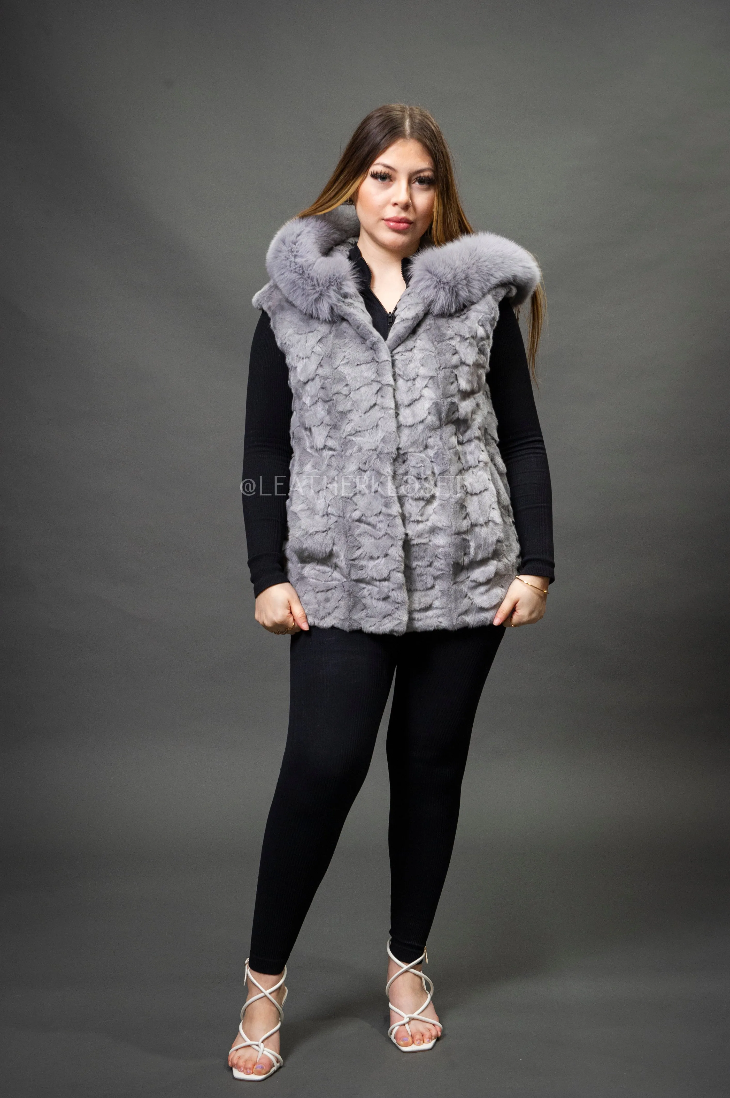 Women's Mink Vest With Hood [Grey]