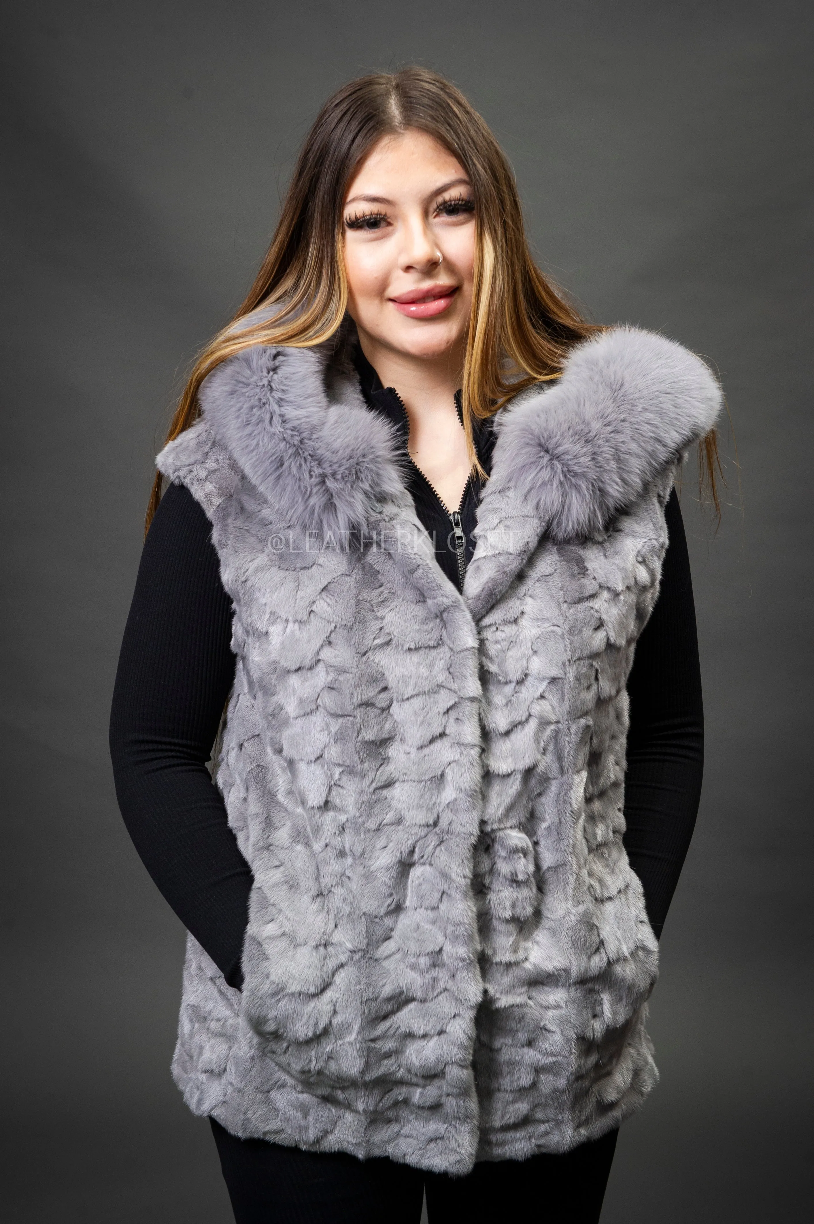 Women's Mink Vest With Hood [Grey]