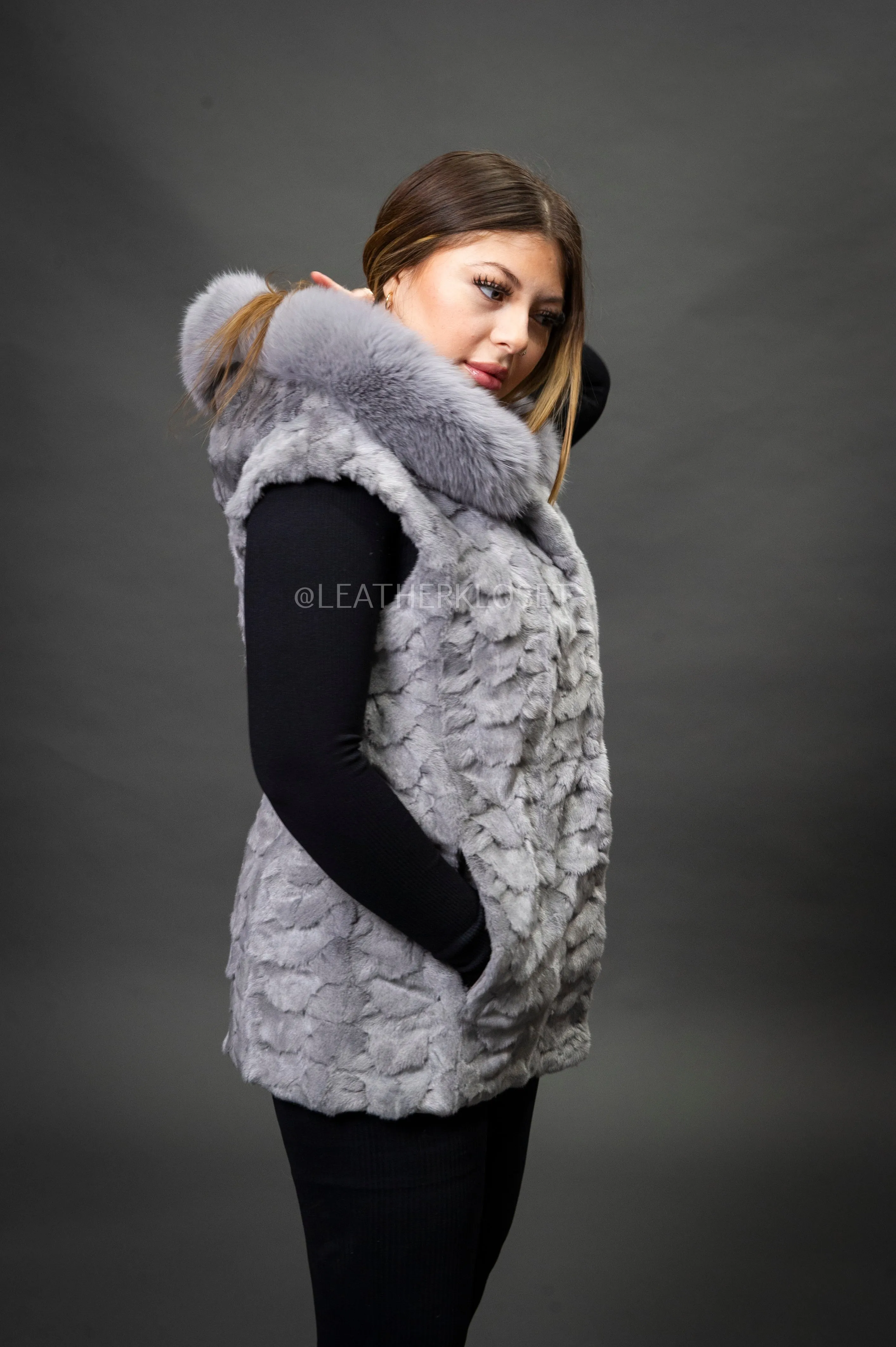 Women's Mink Vest With Hood [Grey]