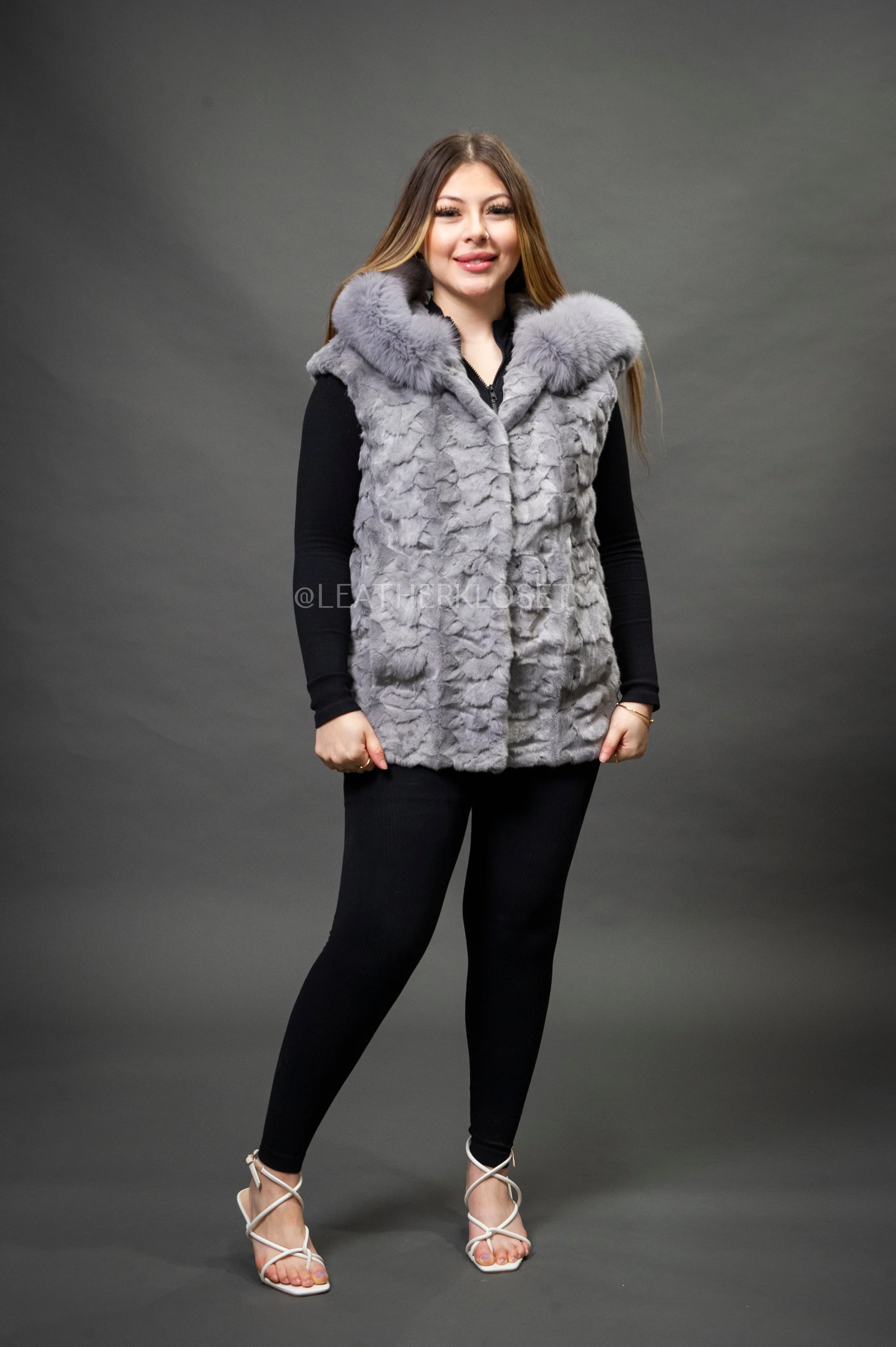 Women's Mink Vest With Hood [Grey]