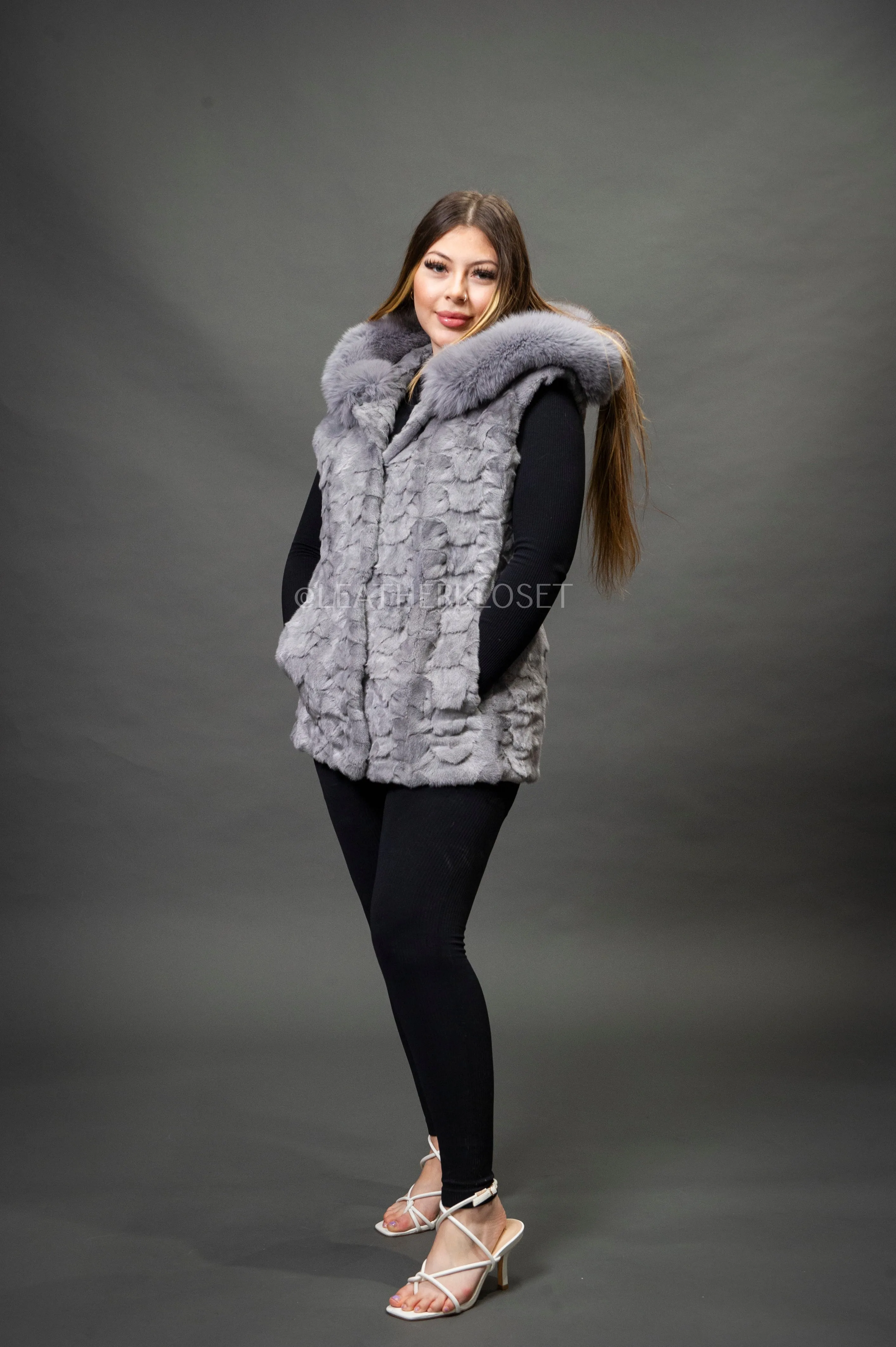Women's Mink Vest With Hood [Grey]