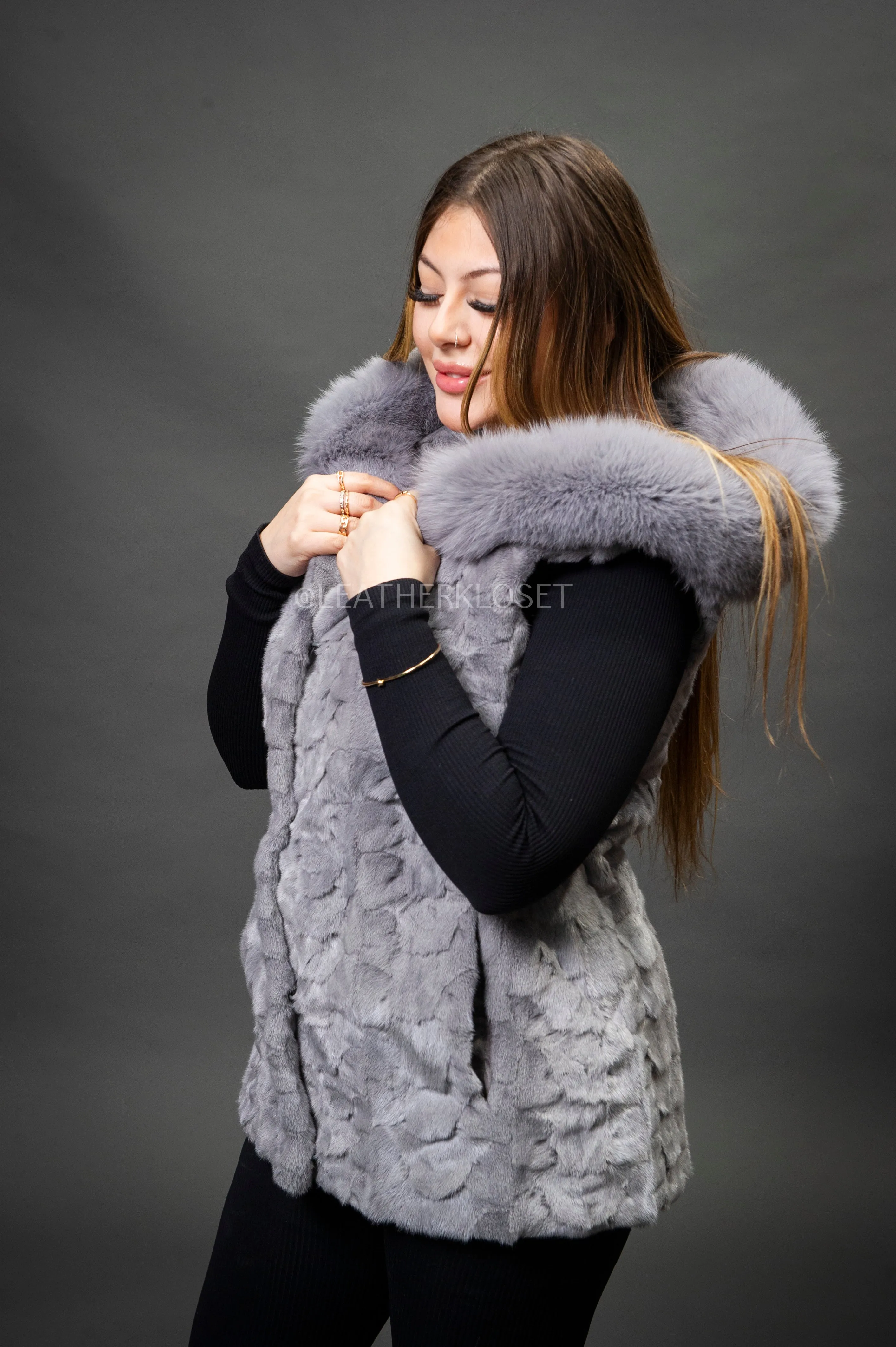 Women's Mink Vest With Hood [Grey]