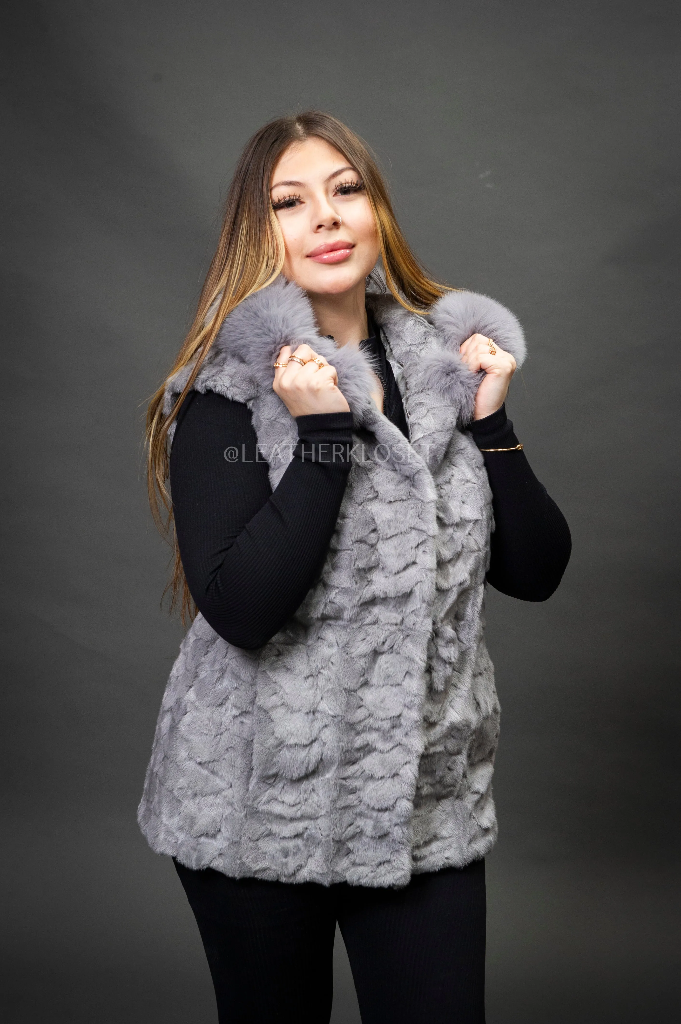 Women's Mink Vest With Hood [Grey]