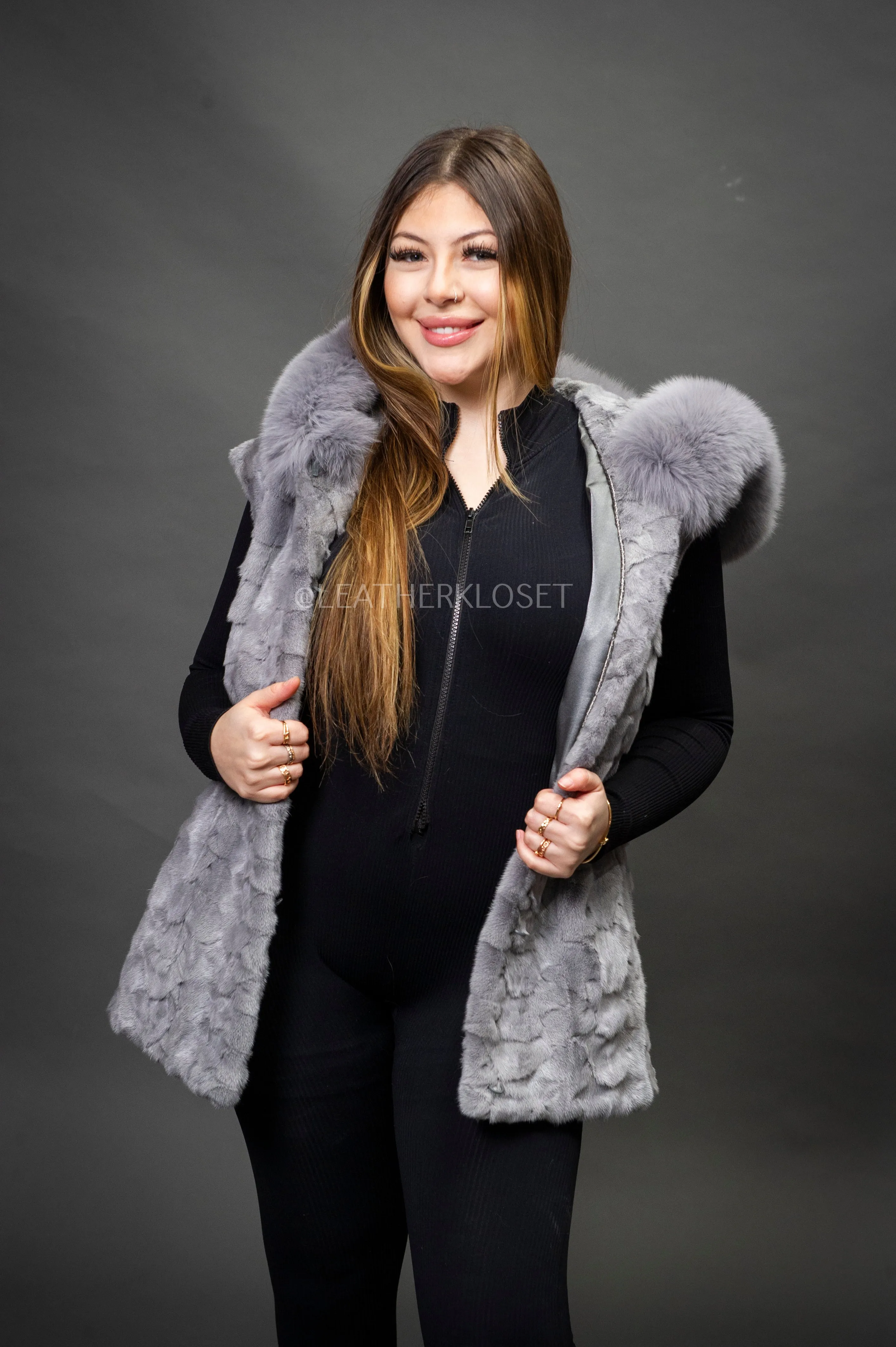 Women's Mink Vest With Hood [Grey]