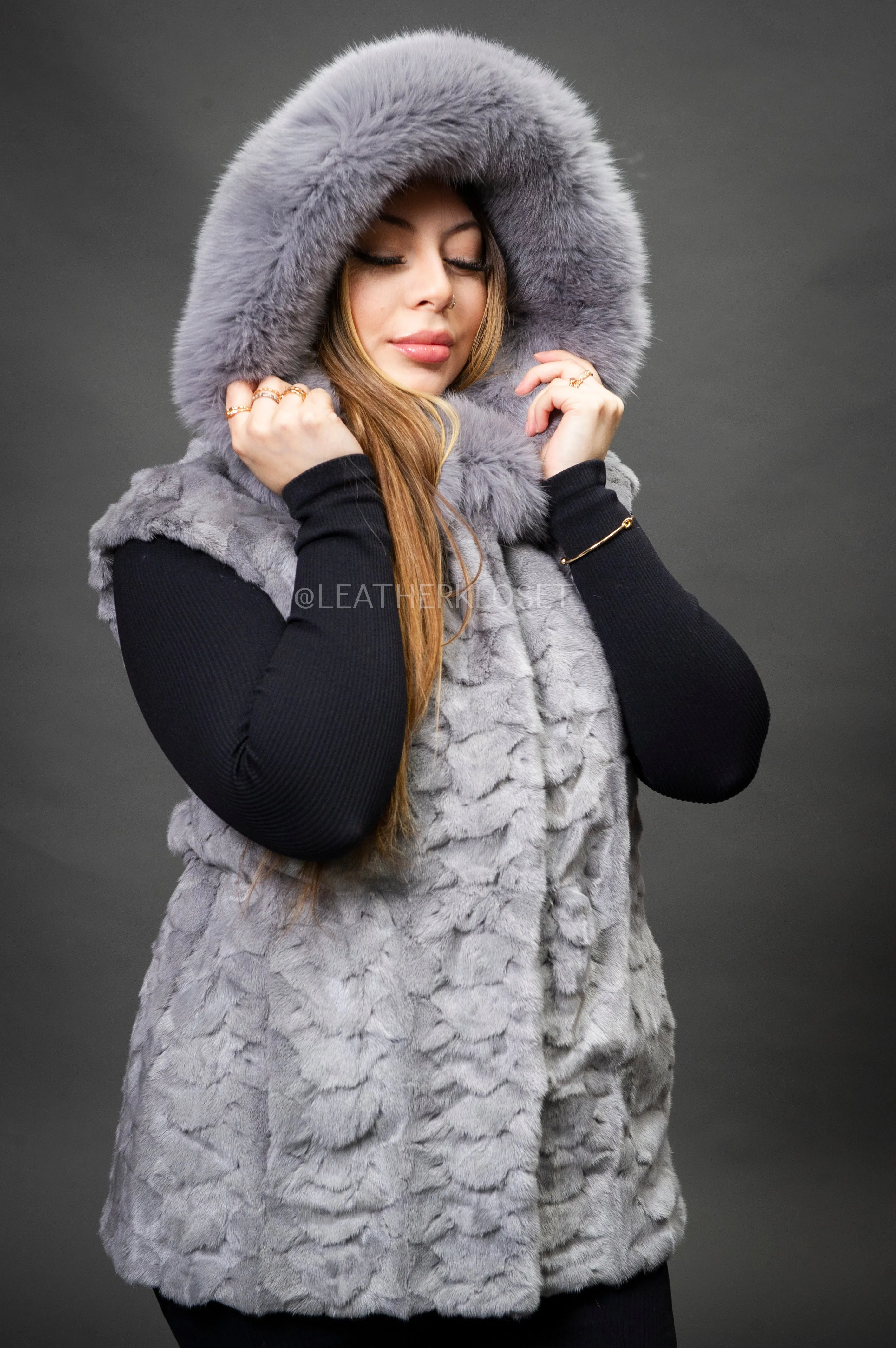 Women's Mink Vest With Hood [Grey]