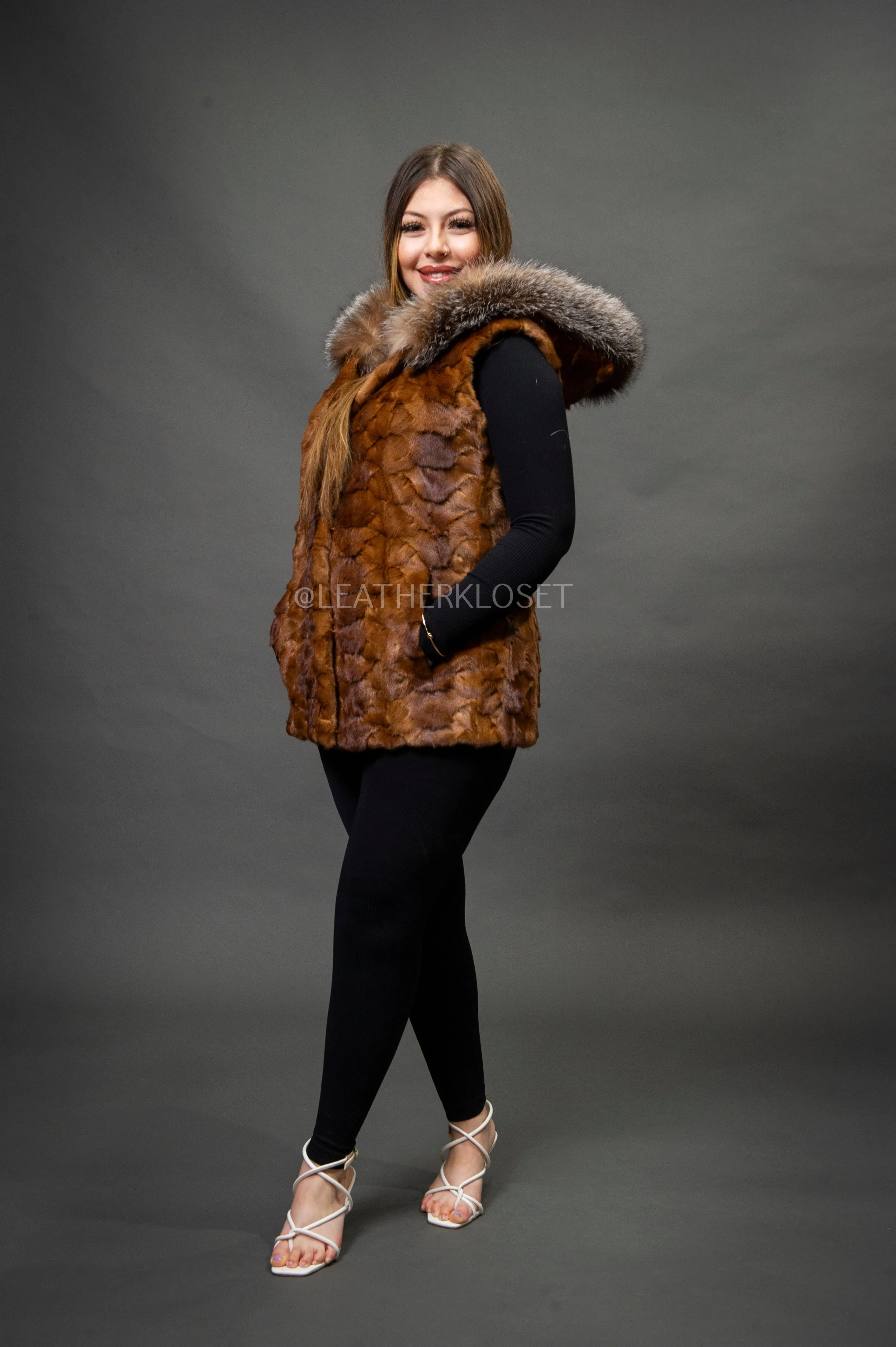Women's Mink Vest With Hood [Whiskey]
