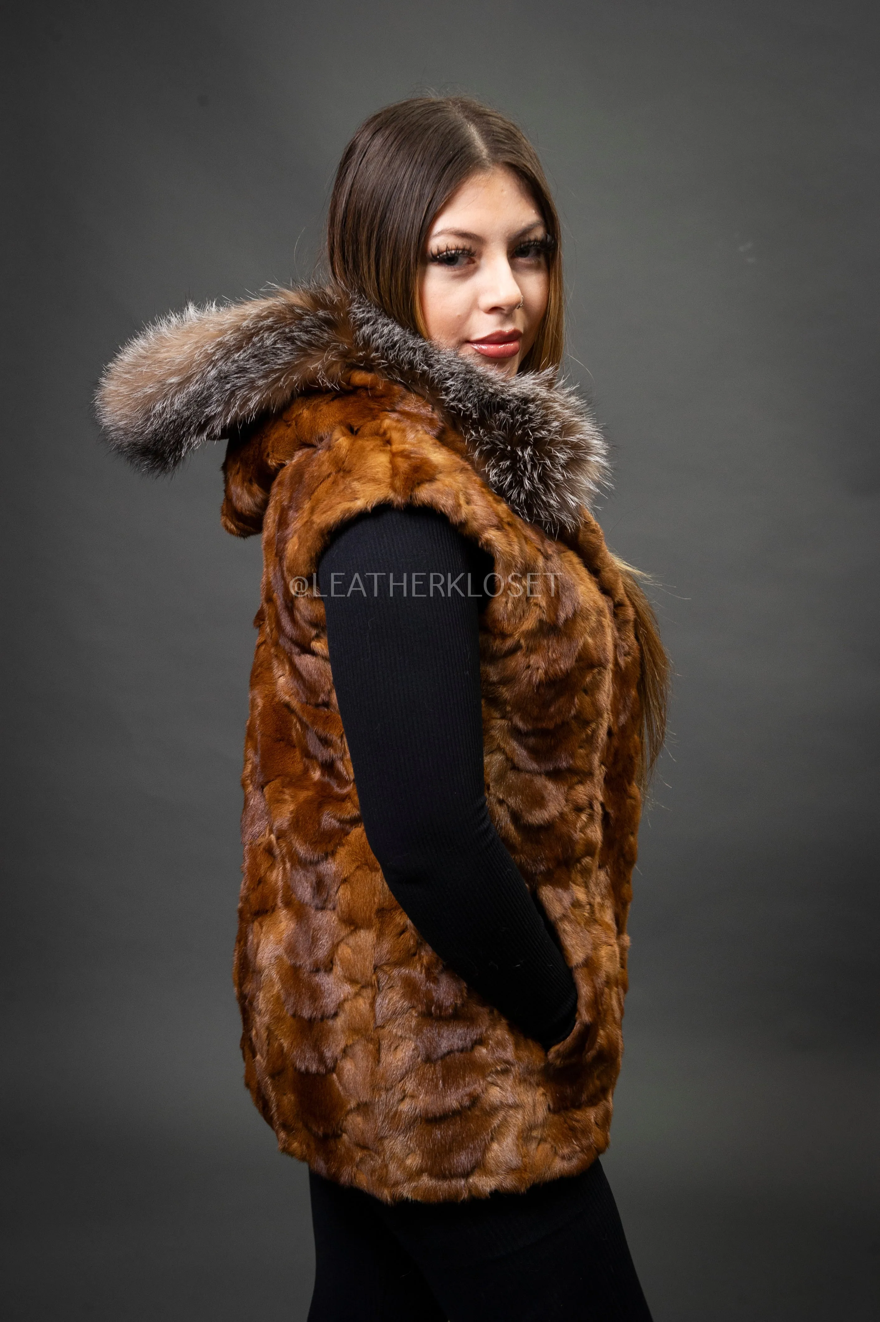 Women's Mink Vest With Hood [Whiskey]