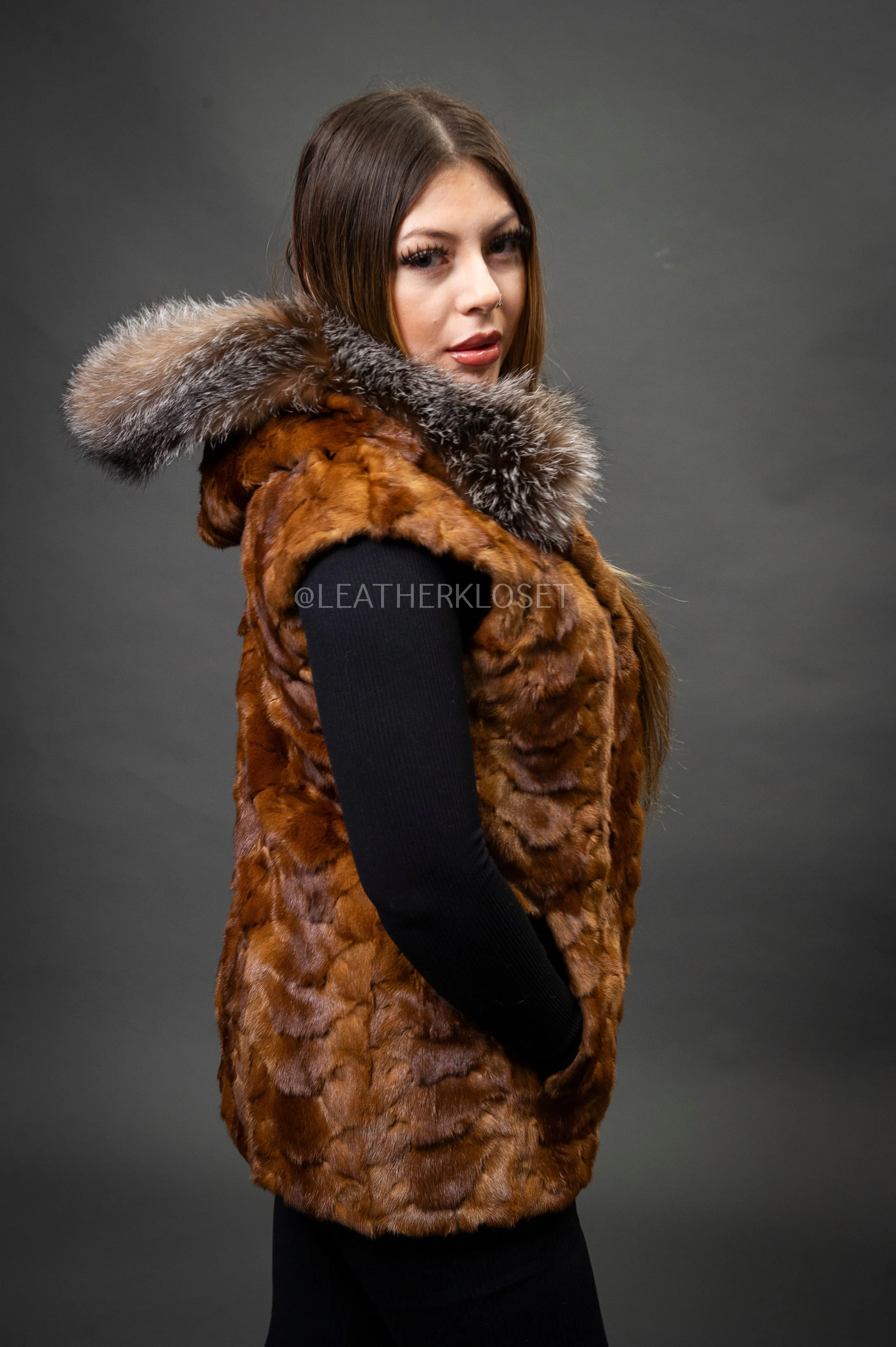 Women's Mink Vest With Hood [Whiskey]