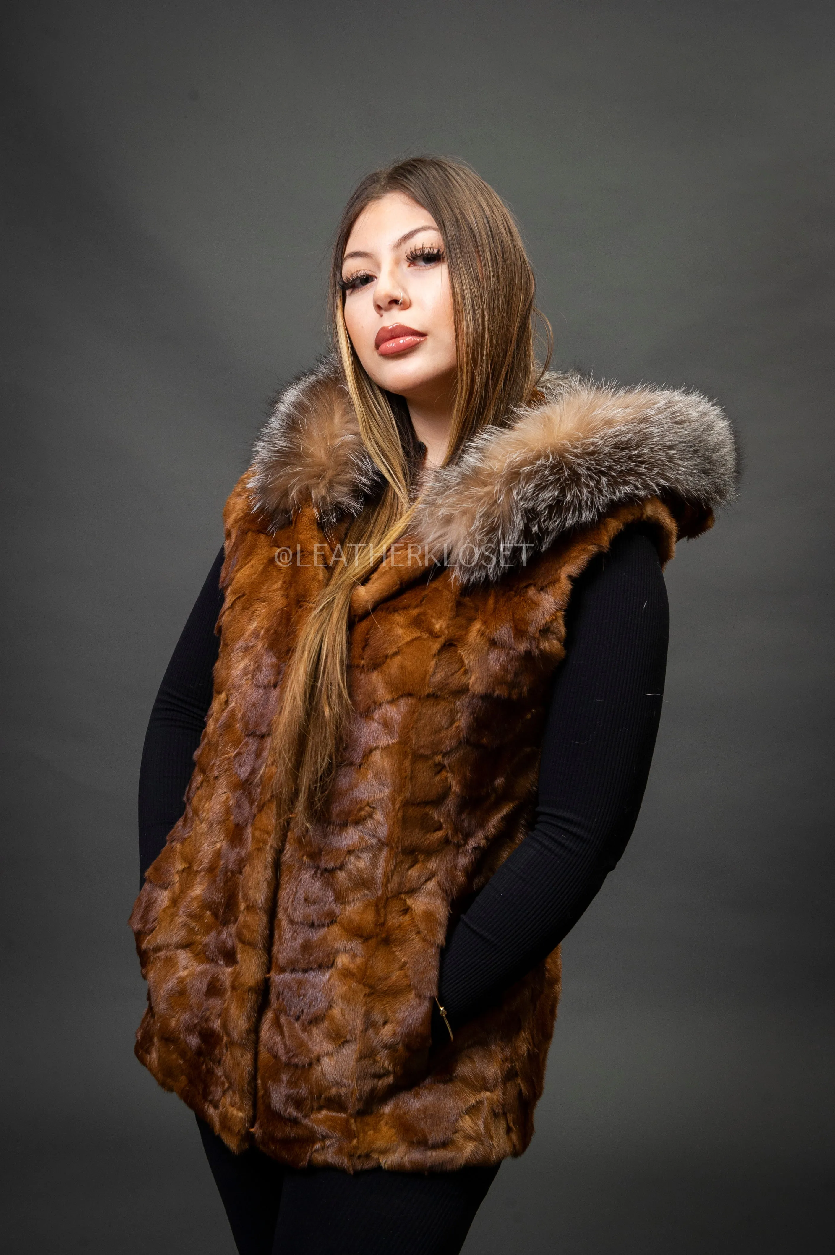 Women's Mink Vest With Hood [Whiskey]