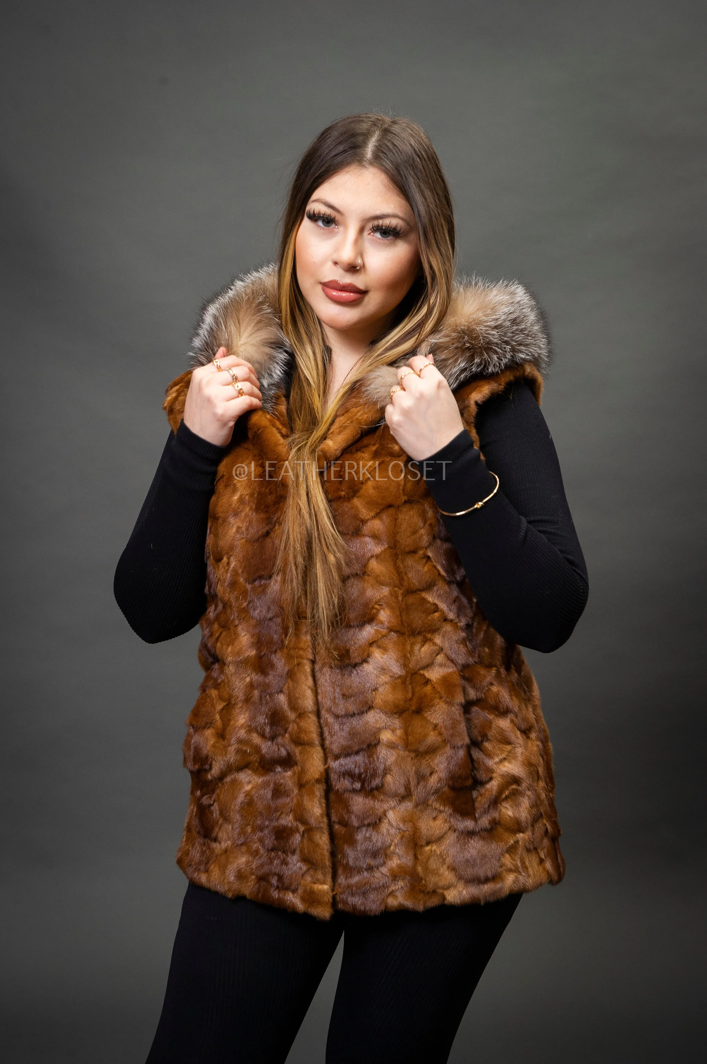 Women's Mink Vest With Hood [Whiskey]