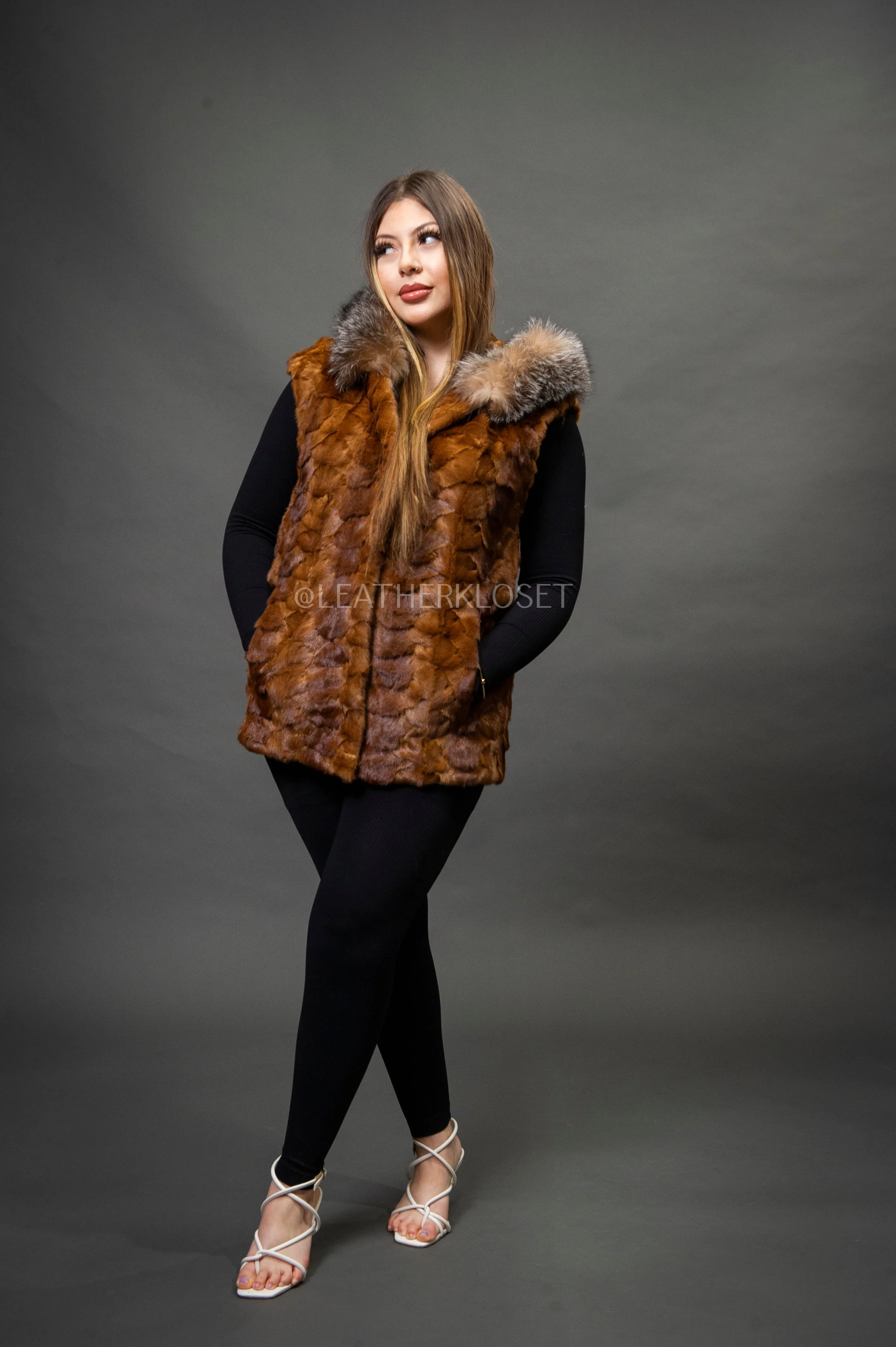 Women's Mink Vest With Hood [Whiskey]
