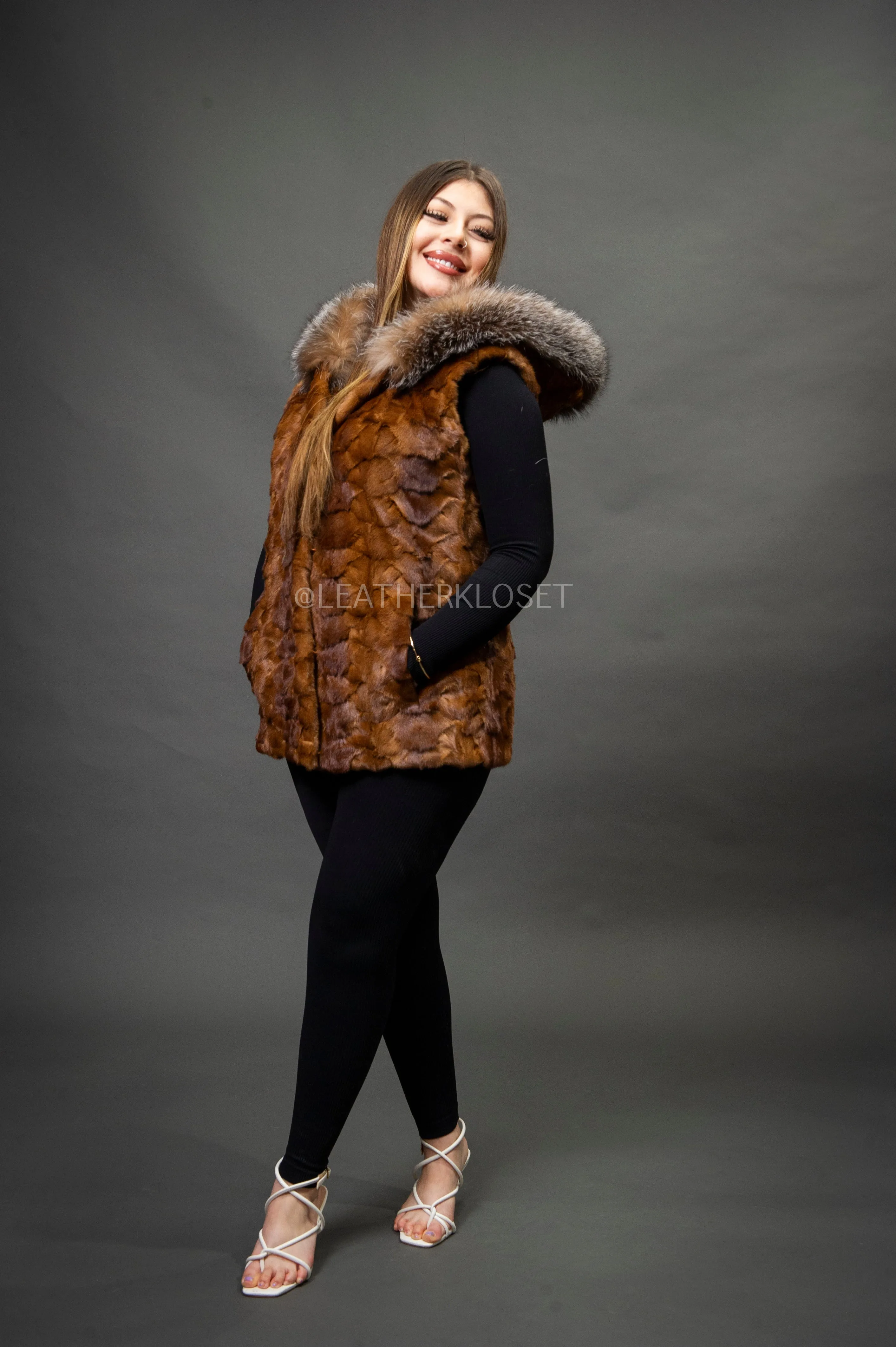 Women's Mink Vest With Hood [Whiskey]