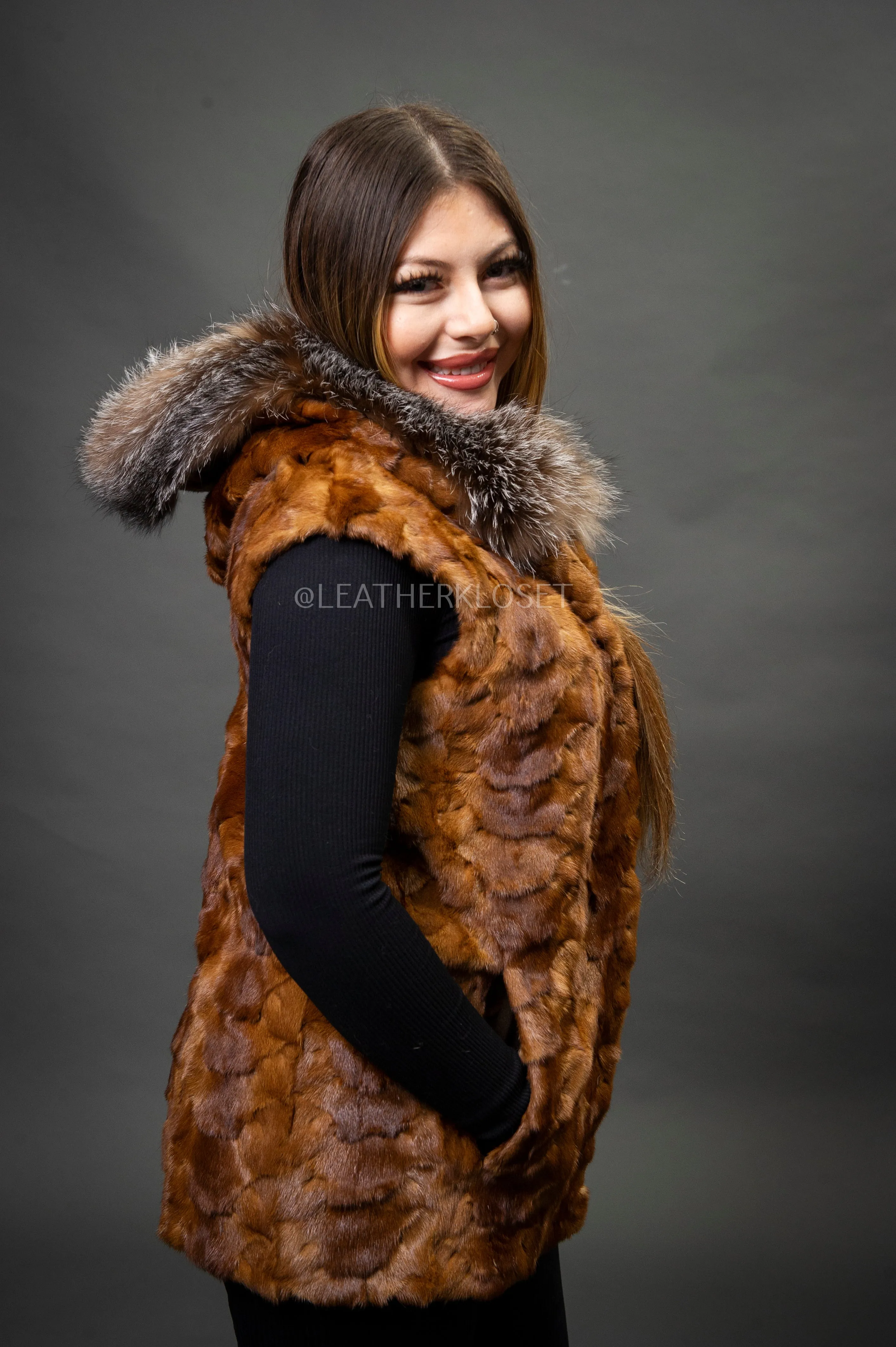 Women's Mink Vest With Hood [Whiskey]