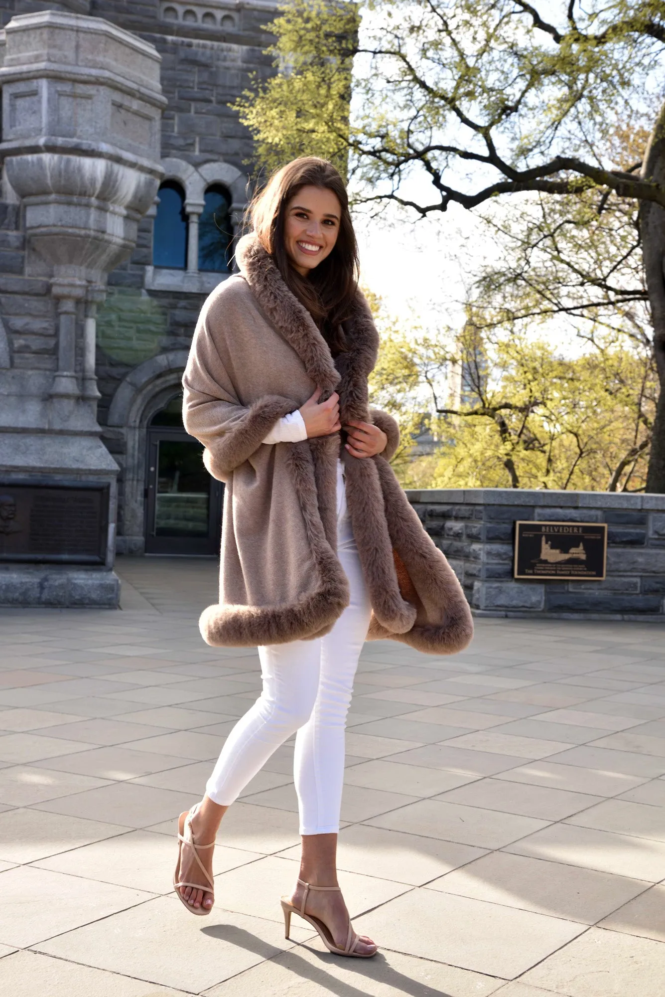 Wrap with Hood & Faux Fur Trim - Oatmeal