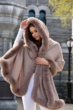Wrap with Hood & Faux Fur Trim - Oatmeal