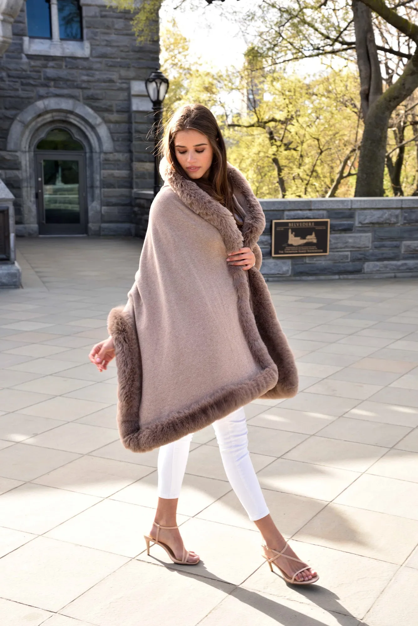Wrap with Hood & Faux Fur Trim - Oatmeal