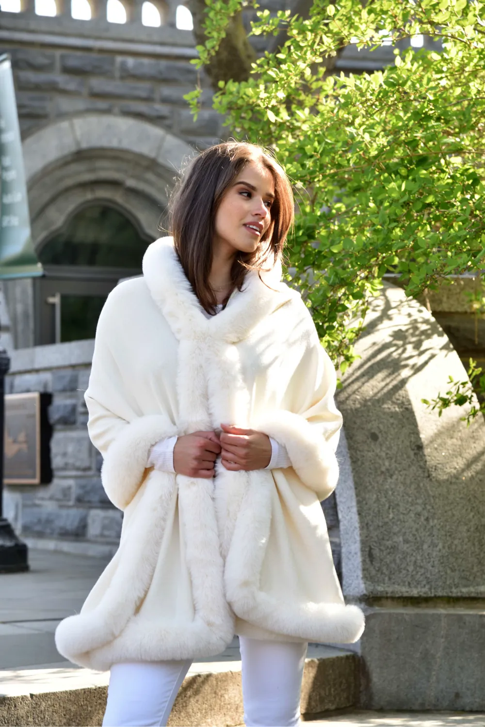 Wrap with Hood & Faux Trim - Ivory