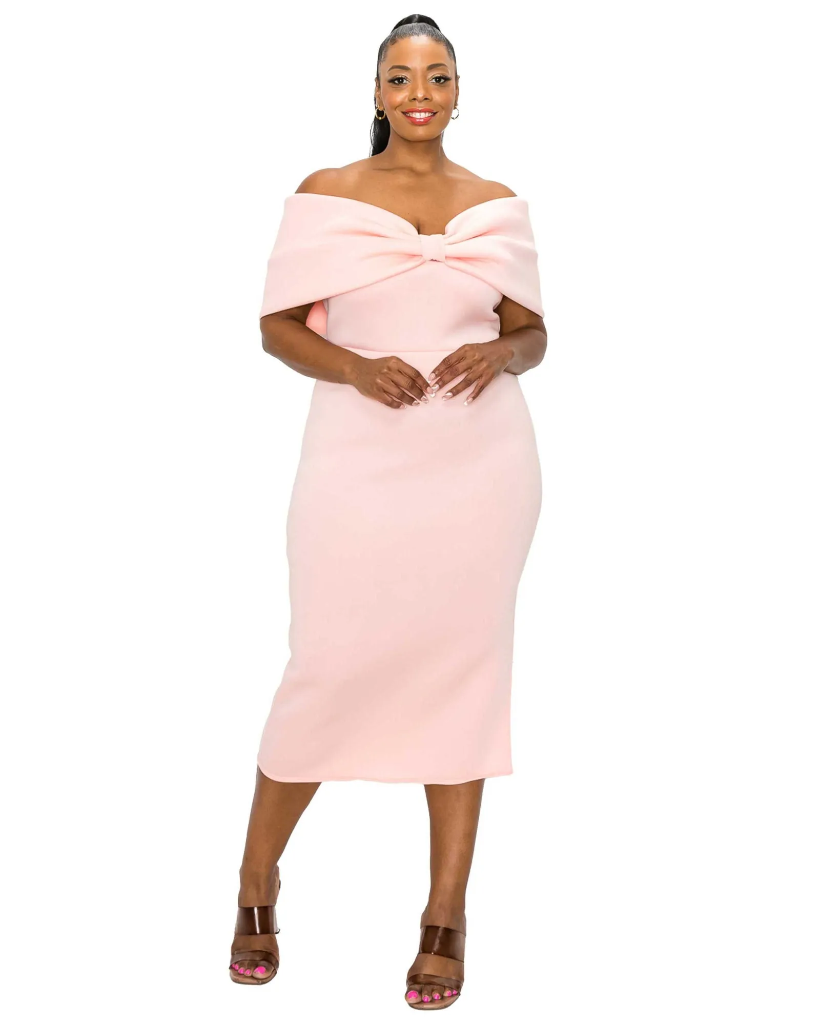 Zariah Ribbon Detail Midi Dress | Pink